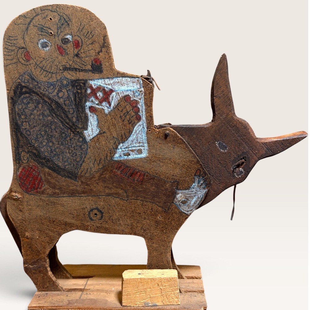 Vintage Folk Art Hand Painted Wood Man Riding Donkey Whimsigoth Rustic Decor